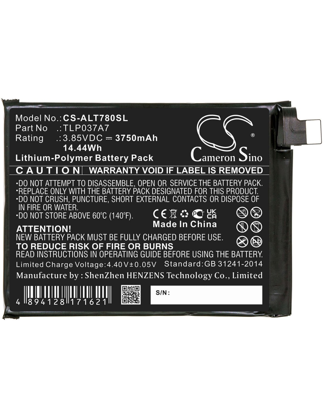 3.85V, Li-Polymer, 3750mAh, Battery fits Alcatel, Plex, T780h, 14.44Wh