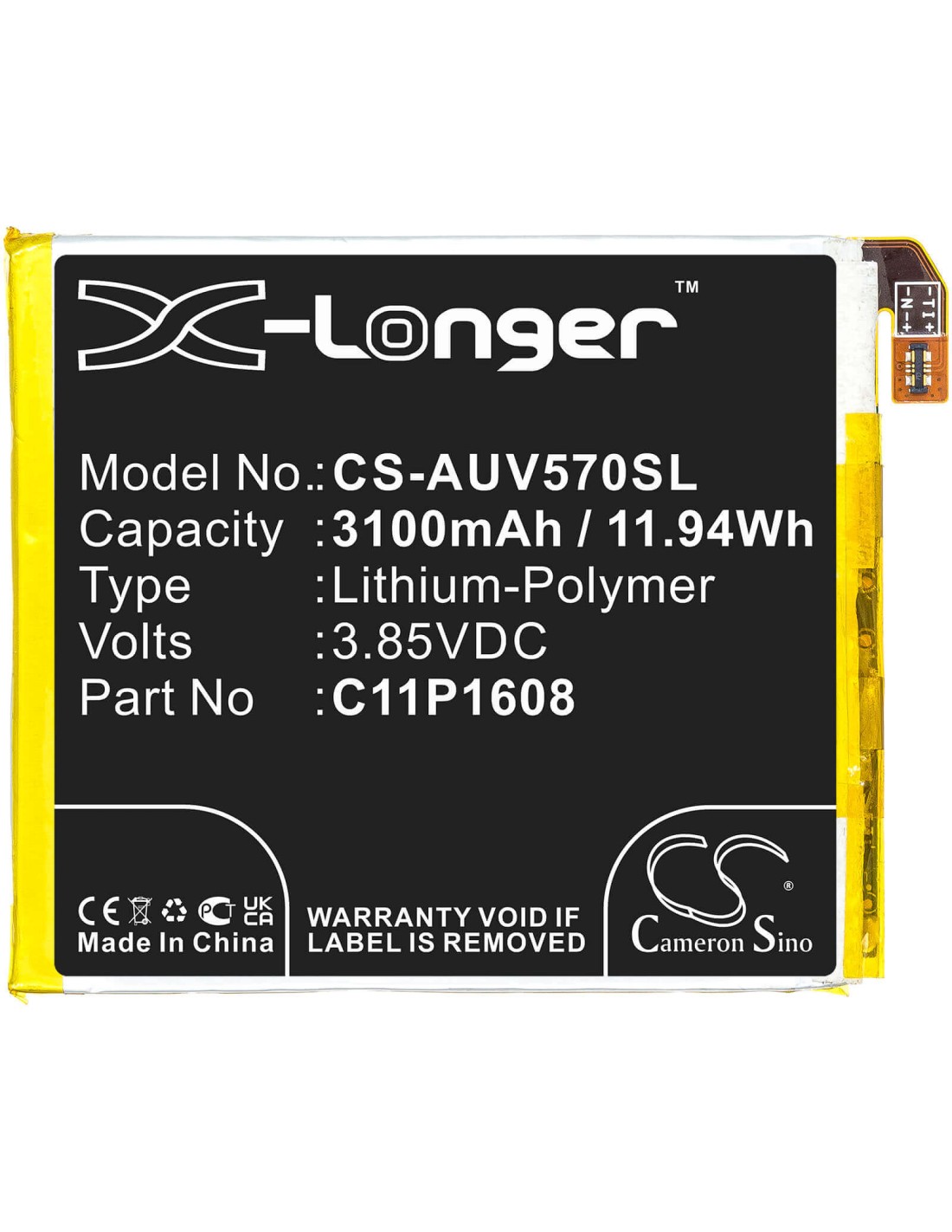 3.85V, Li-Polymer, 3100mAh, Battery fits Asus, A002a, V570kl, Zenfone Ar, 11.94Wh