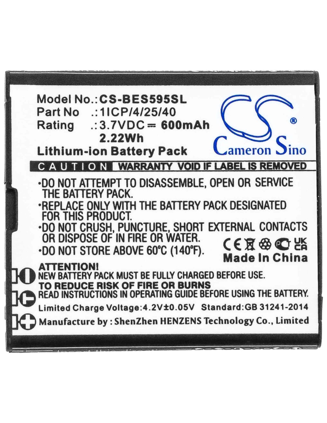 3.7V, Li-ion, 600mAh, Battery fits Bea-fon, Sl495, Sl595, Sl595 Plus, 2.22Wh