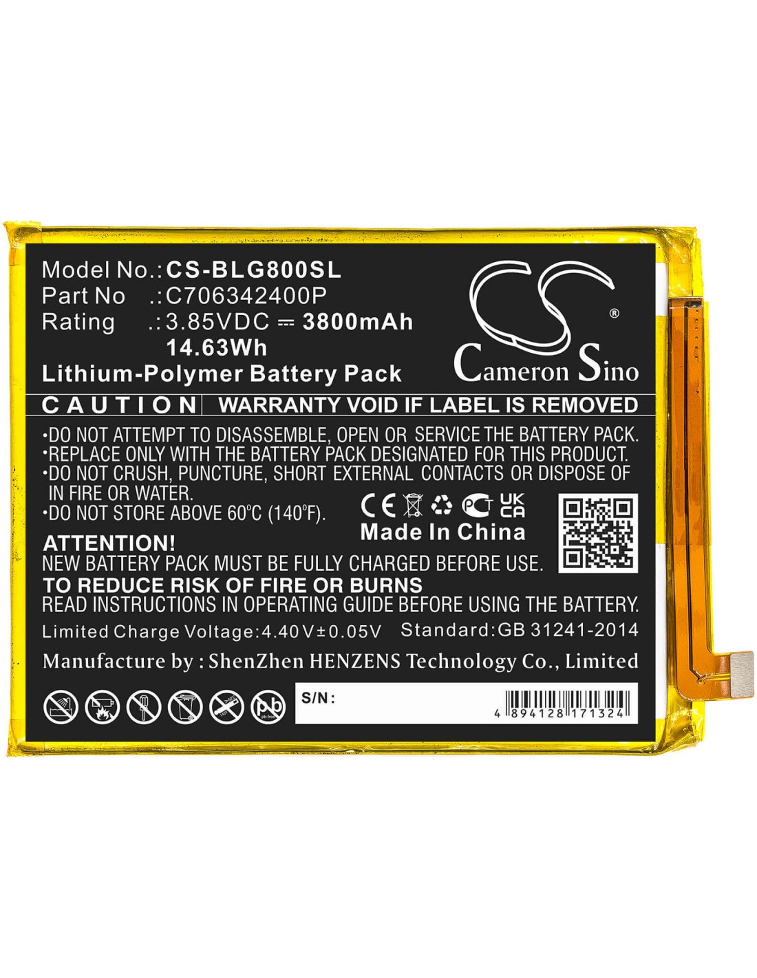 3.85V, Li-Polymer, 3800mAh, Battery fits Blu, G0290ww, G80, 14.63Wh