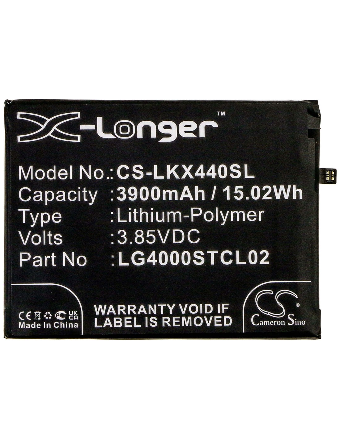 3.85V, Li-Polymer, 3900mAh, Battery fits Lg, Lmx440im, W30 2019, W30 Plus, 15.02Wh