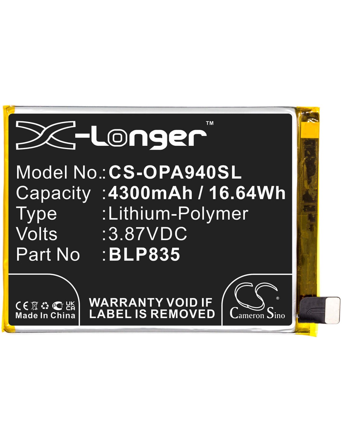 3.87V, Li-Polymer, 4300mAh, Battery fits Oppo, A94, A94 2021, Cph2203, 16.64Wh