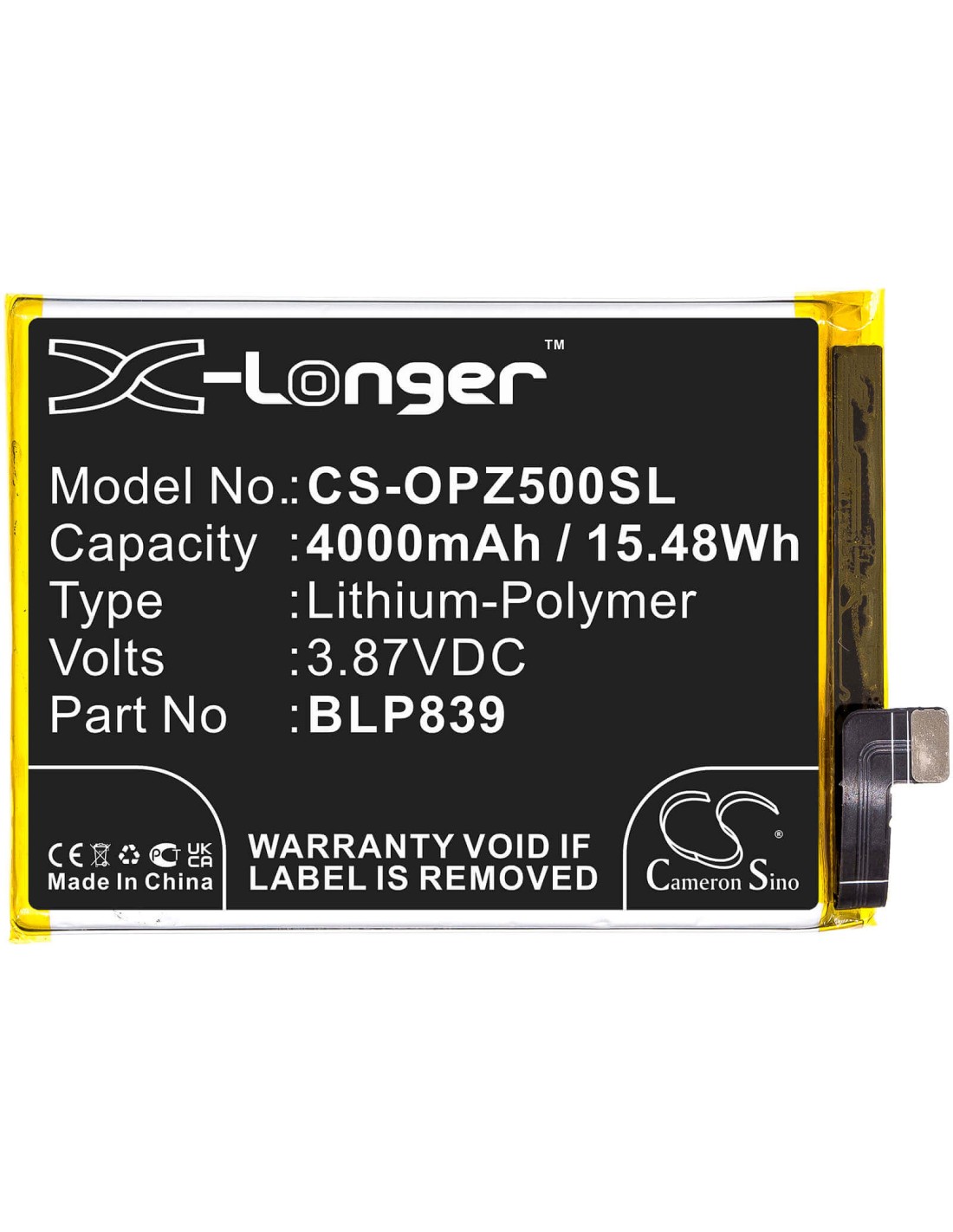 3.87V, Li-Polymer, 4000mAh, Battery fits Oppo, 2213, A94 5g, Cph2211, 15.48Wh