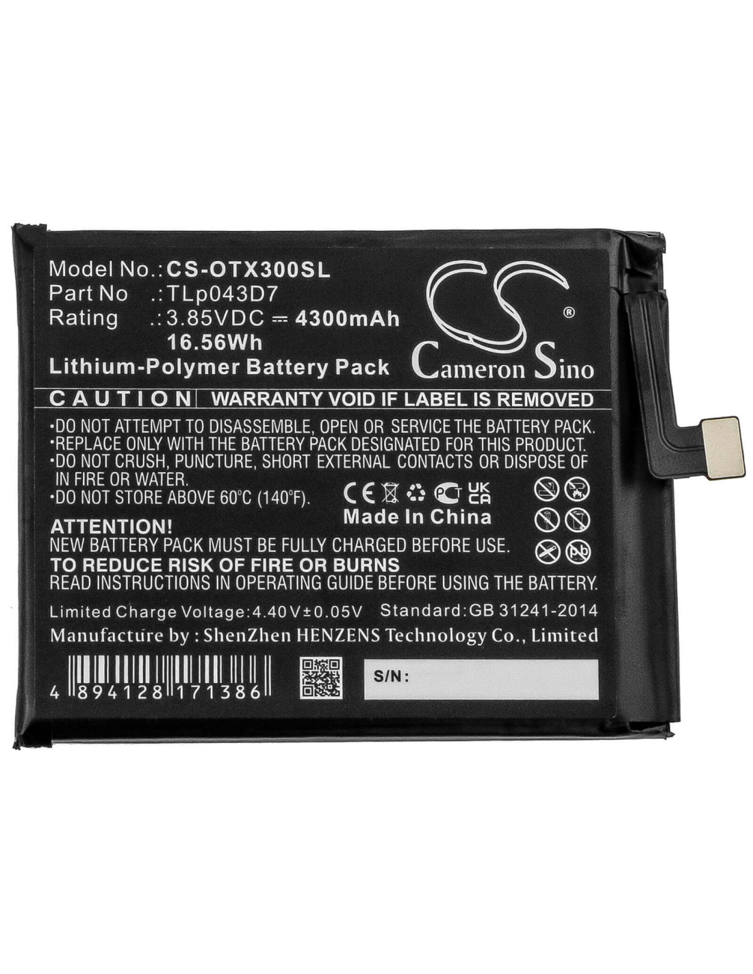 3.85V, Li-Polymer, 4300mAh, Battery fits Alcatel, 3x, 5x, Ot-5061a, 16.56Wh