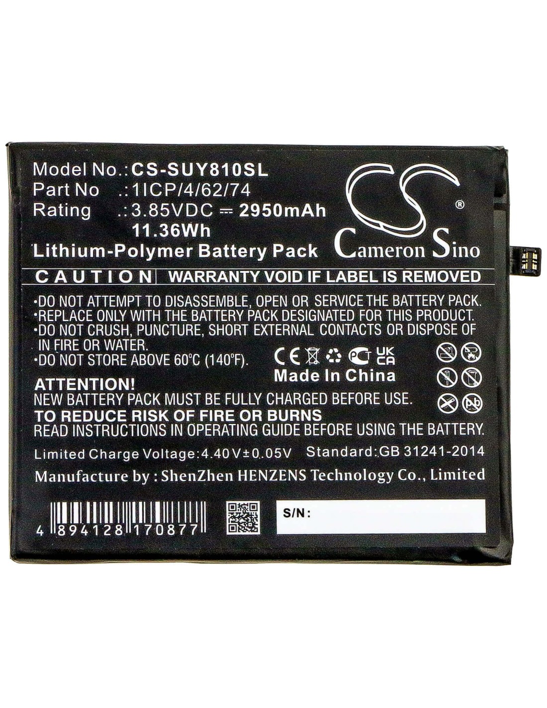 3.85V, Li-Polymer, 2950mAh, Battery fits Sugar, Y8 Max, 11.36Wh