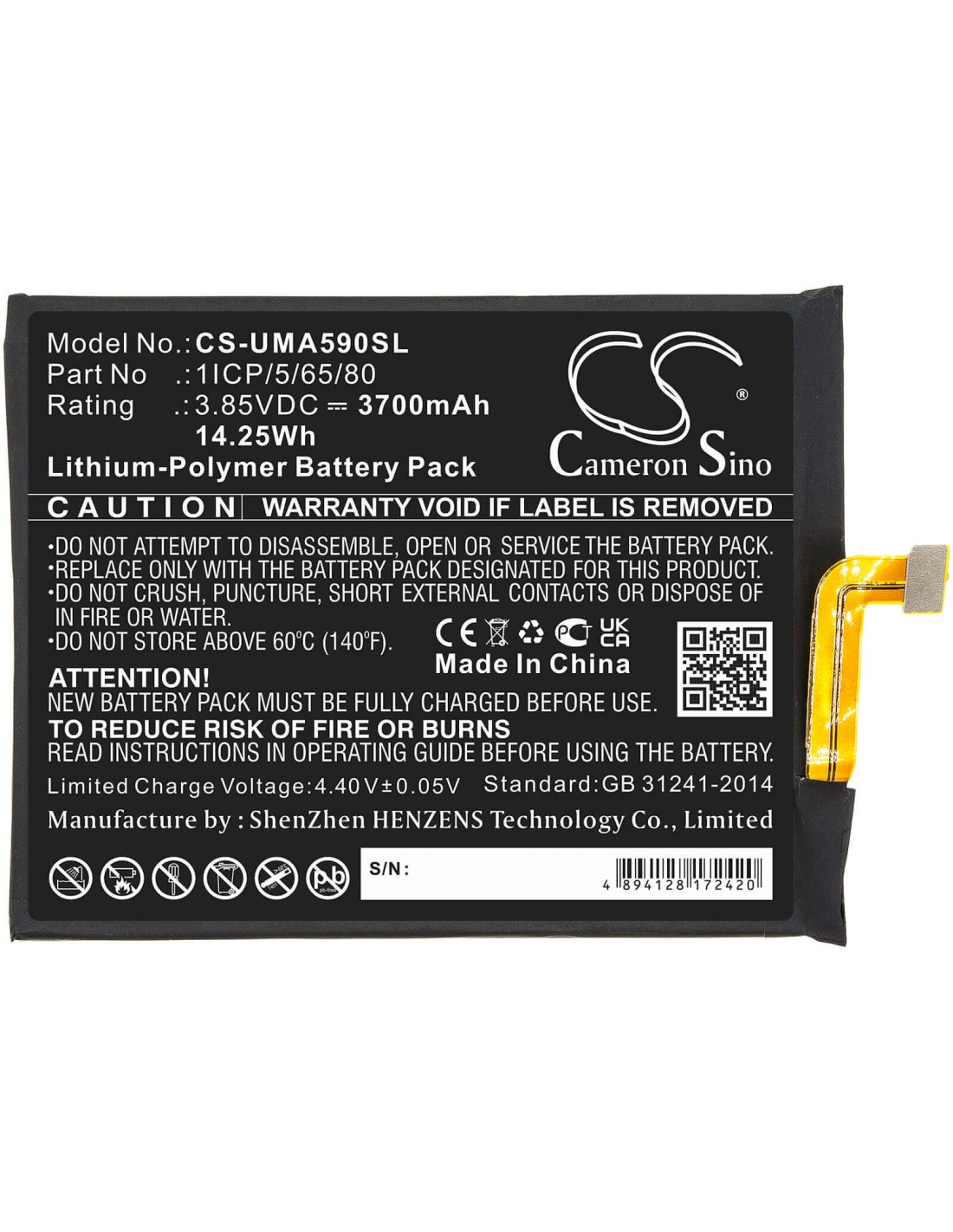 3.85V, Li-Polymer, 3700mAh, Battery fits Umi, Umidigi A9 Pro, 14.25Wh