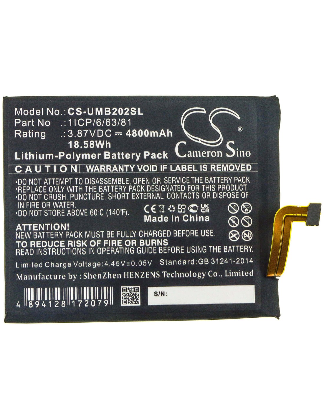 3.85V, Li-Polymer, 4800mAh, Battery fits Umi, 2021, Umidigi Bison, 18.48Wh