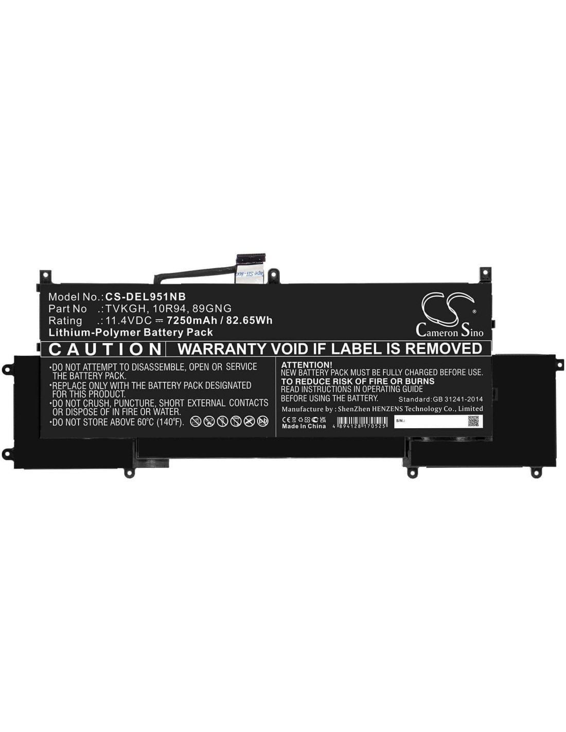 11.4V, Li-Polymer, 7250mAh, Battery fits Dell, Latitude 9510 2-in-1, 82.65Wh