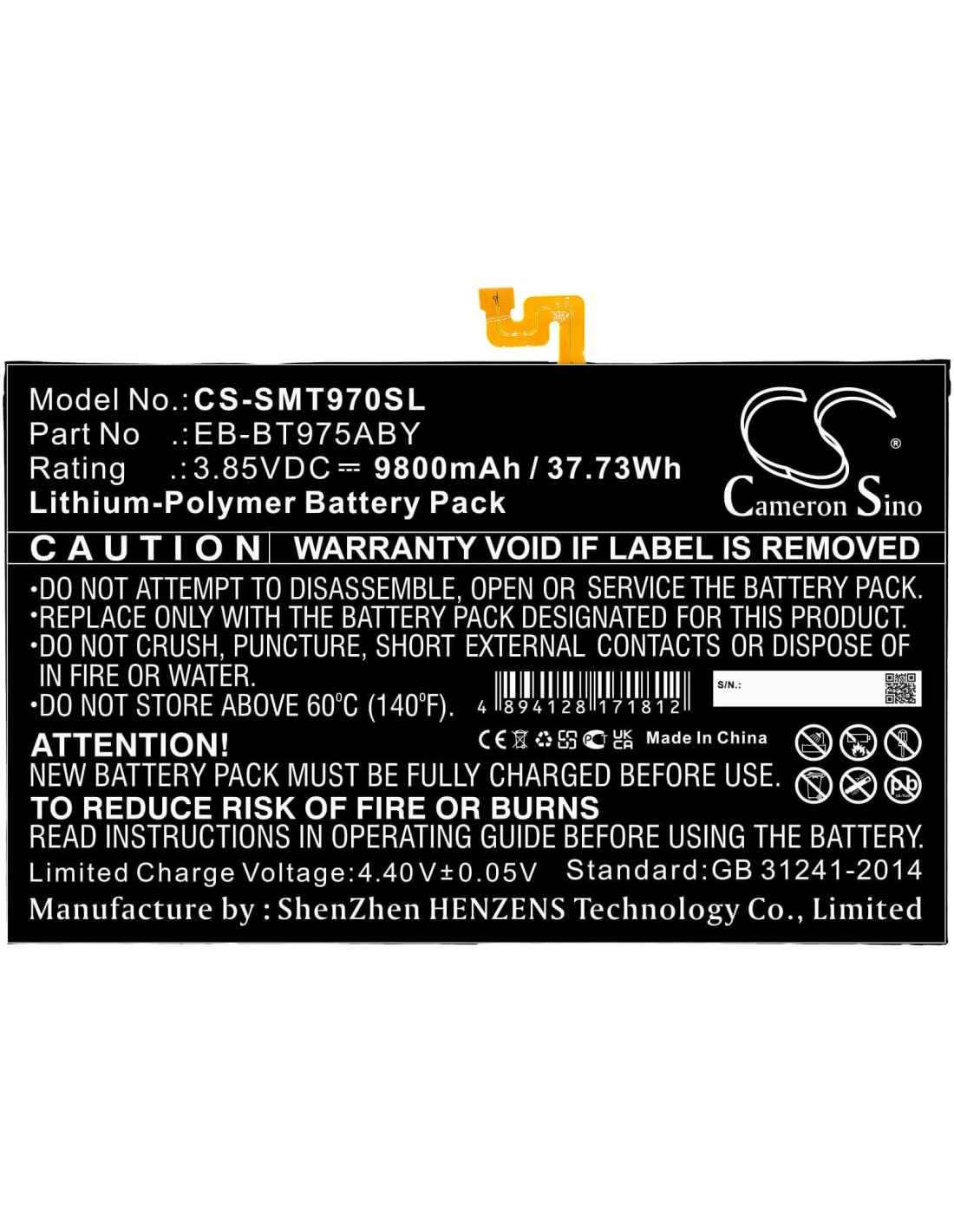 3.85V, Li-Polymer, 9800mAh, Battery fits Samsung, Galaxy Tab S7 Plus 12.4, Galaxy Tab S7+ 12.4 2020, Sm-t970, 37.73Wh