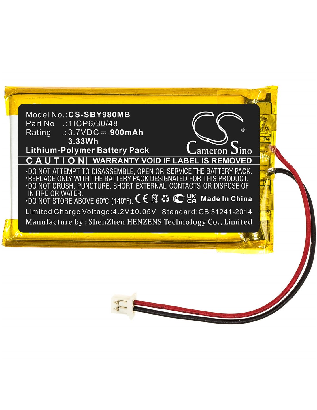 3.7V, 900mAh, Li-Polymer Battery fits Sanitas, Sby 98, 3.33Wh