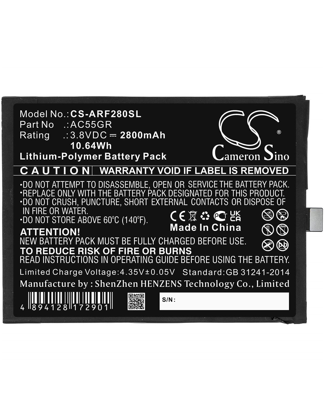 3.8V, 2800mAh, Li-Polymer Battery fits Archos, 5.5 Hero V3, Bsf28, 10.64Wh