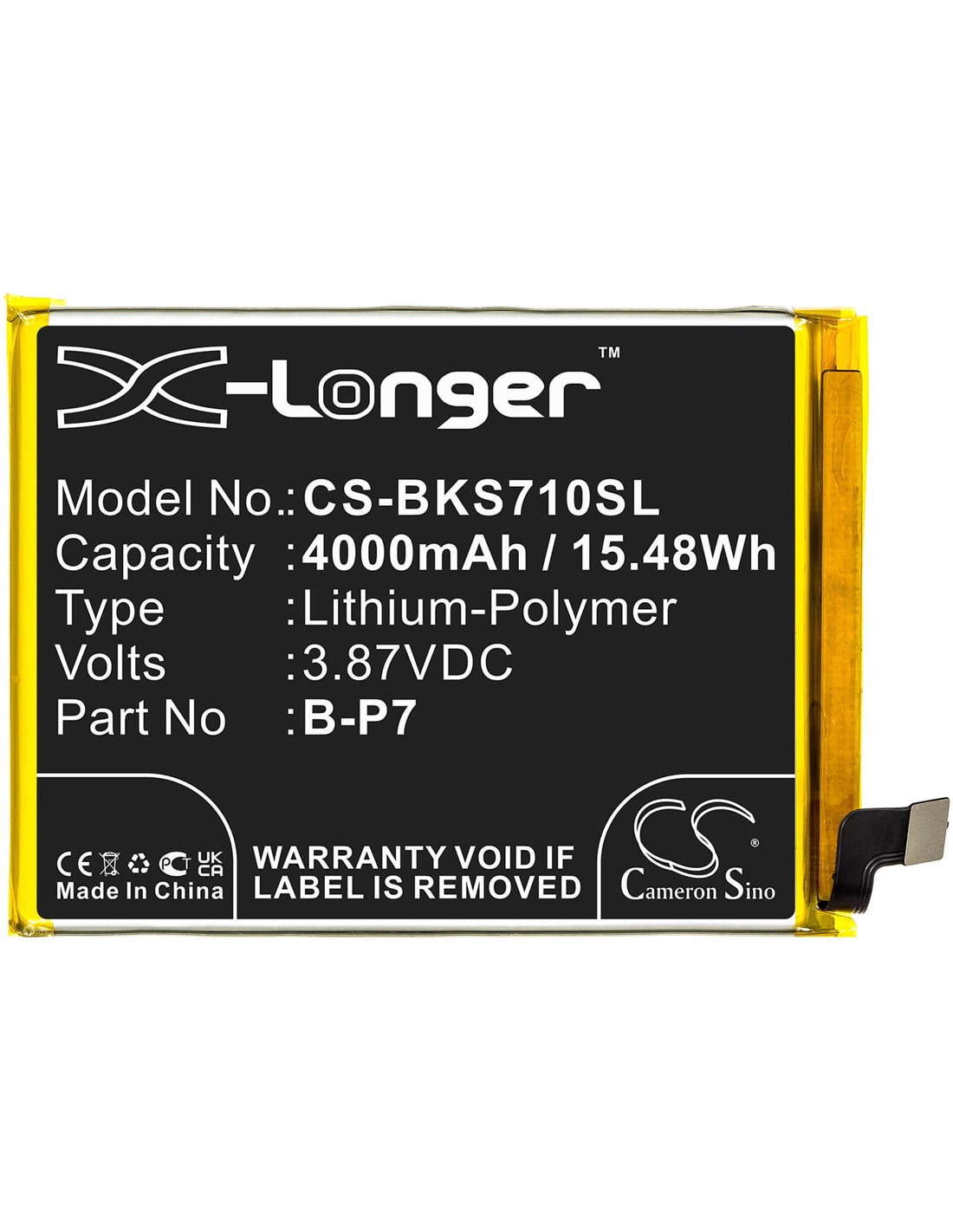 3.87V, 4000mAh, Li-Polymer Battery fits Vivo, S7e, S7e 5g 2020, V2031, 15.48Wh