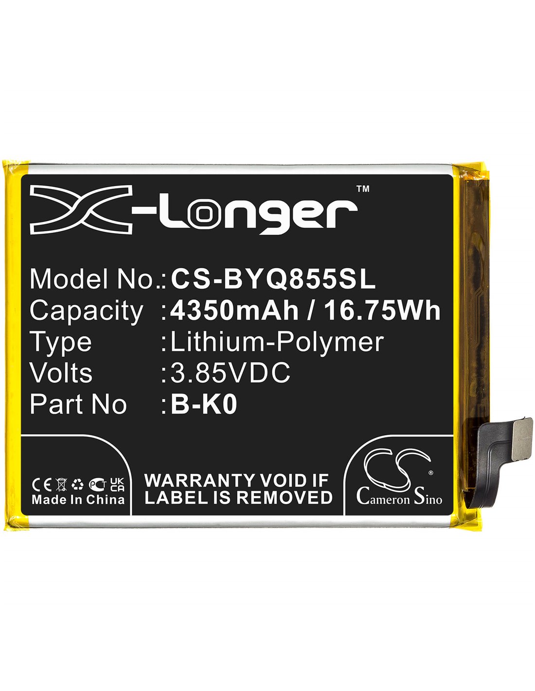 3.85V, 4350mAh, Li-Polymer Battery fits Vivo, Iqoo Neo 855, V1936, V1936a, 16.75Wh