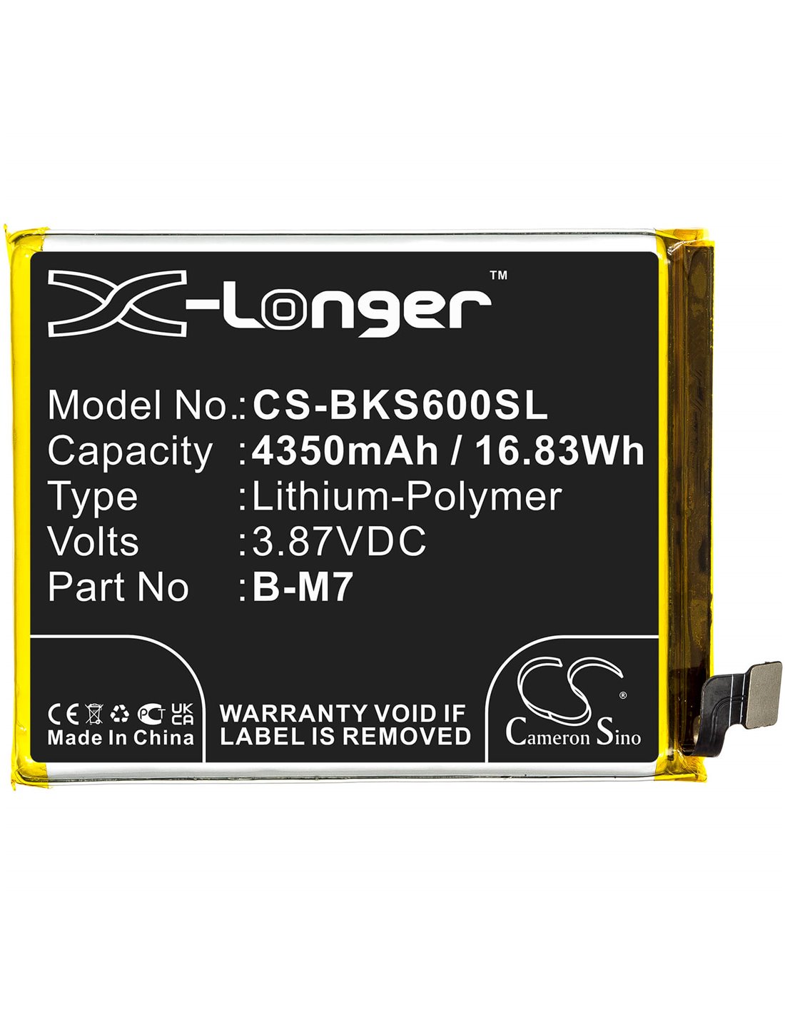3.87V, 4350mAh, Li-Polymer Battery fits Vivo, G1 5g, S6 5g, V1962, 16.83Wh