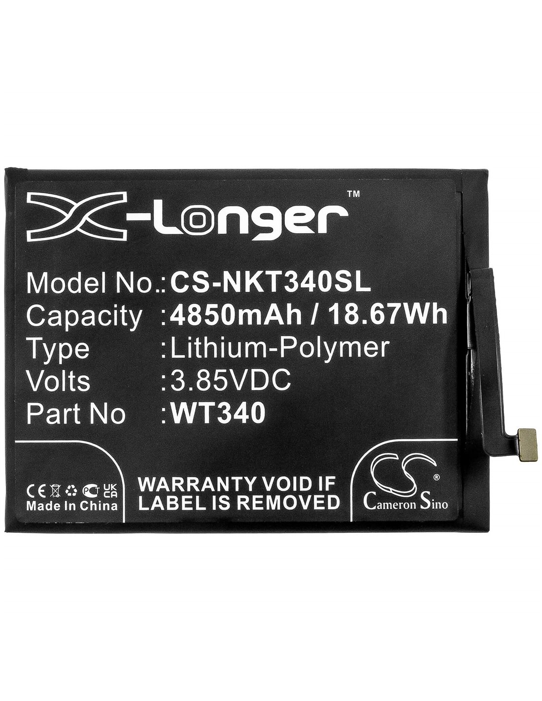 3.85V, 4850mAh, Li-Polymer Battery fits Nokia, Cn110, G10, G20, 18.67Wh