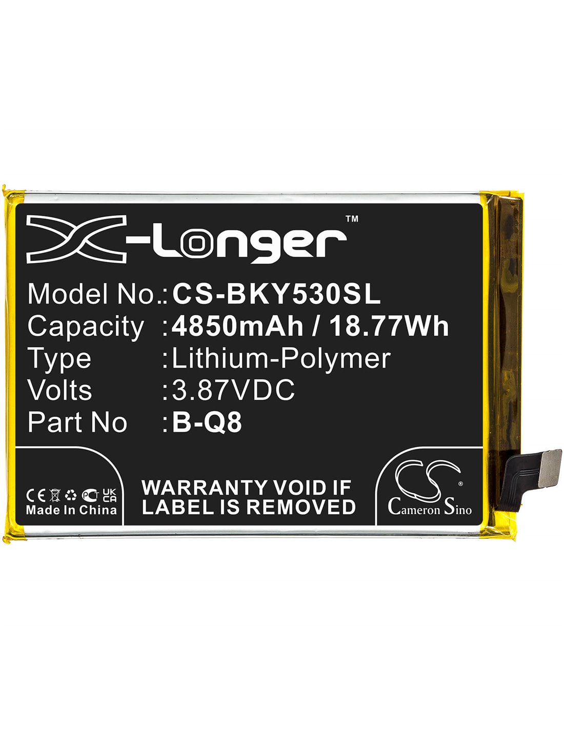 3.87V, 4850mAh, Li-Polymer Battery fits Vivo, V2058, V2111a, Y53s, 18.77Wh