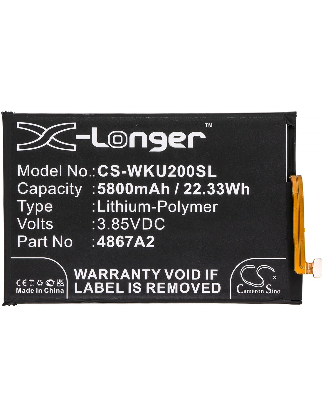 3.85V, 5800mAh, Li-Polymer Battery fits Wiko, Power U20, U30, 22.33Wh