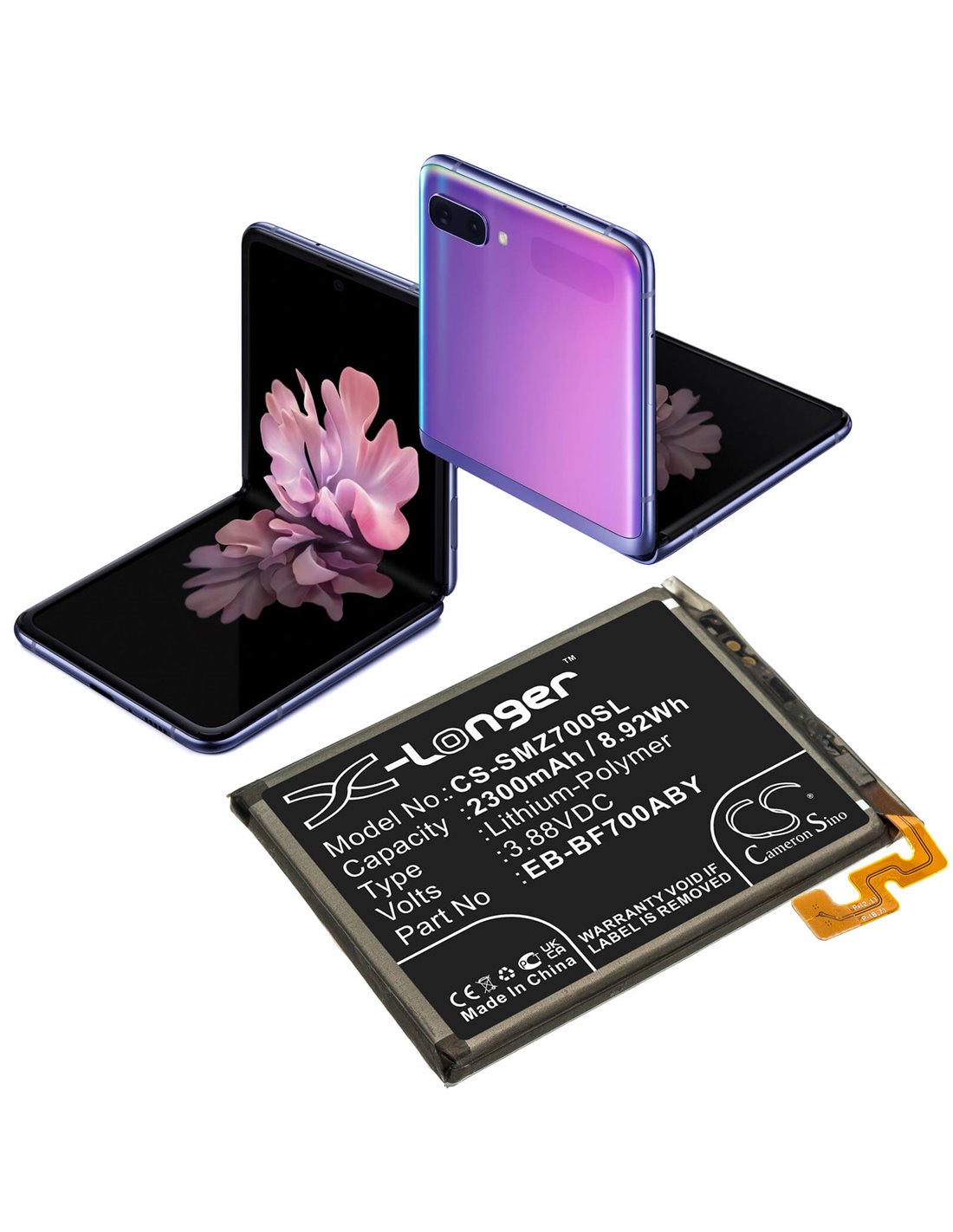 3.88V, 2300mAh, Li-Polymer Battery fits Samsung, Galaxy Z Flip, Sm-f7000, Sm-f700f, 8.92Wh