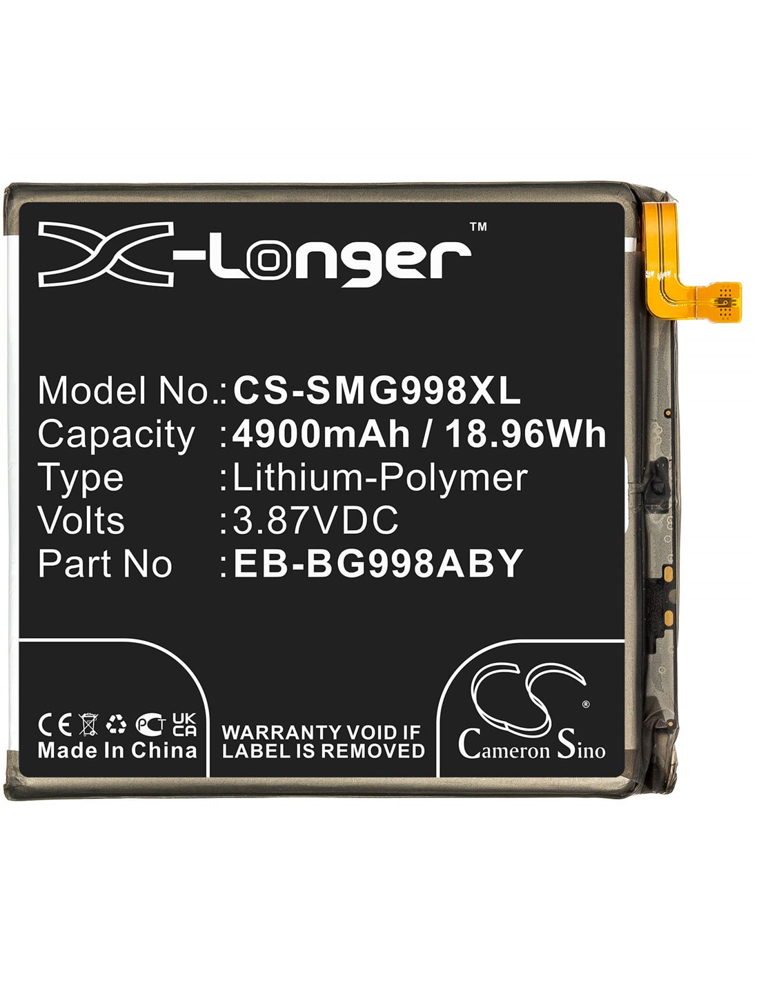 3.85V, Li-Polymer, 4900mAh, Battery fit's Samsung, Galaxy S21 Ultra, Galaxy S21 Ultra 5g, Sc-52b, 18.87Wh