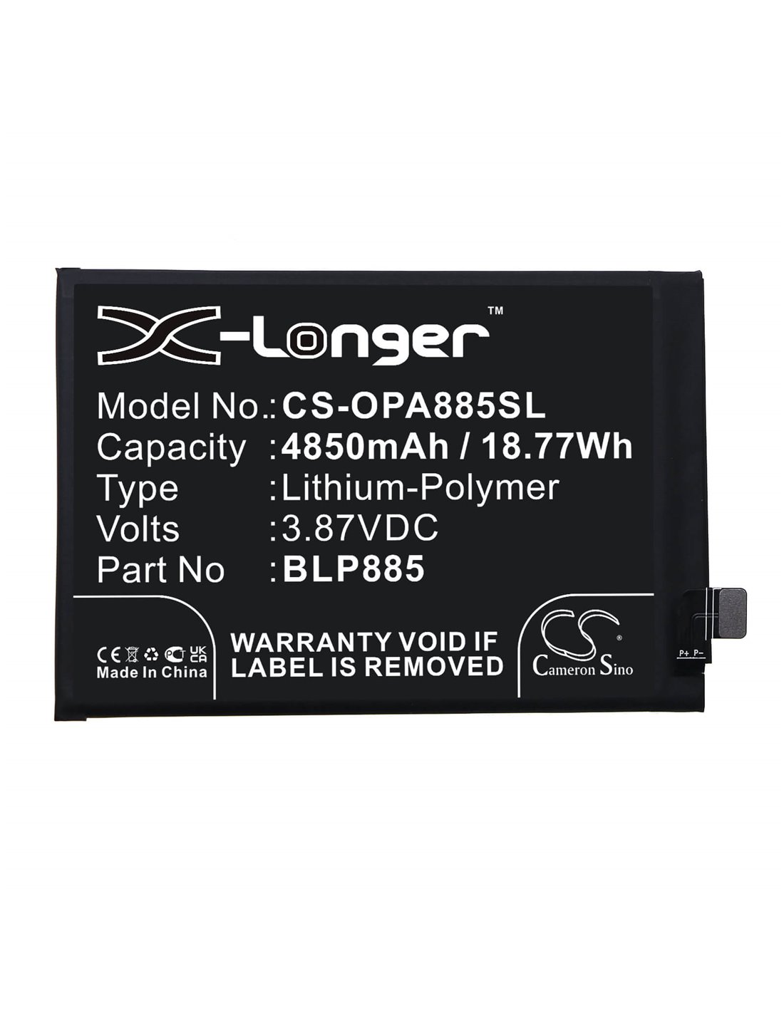 3.87V, Li-Polymer, 4850mAh, Battery fits OPPO, A96, CPH2333, 18.77Wh