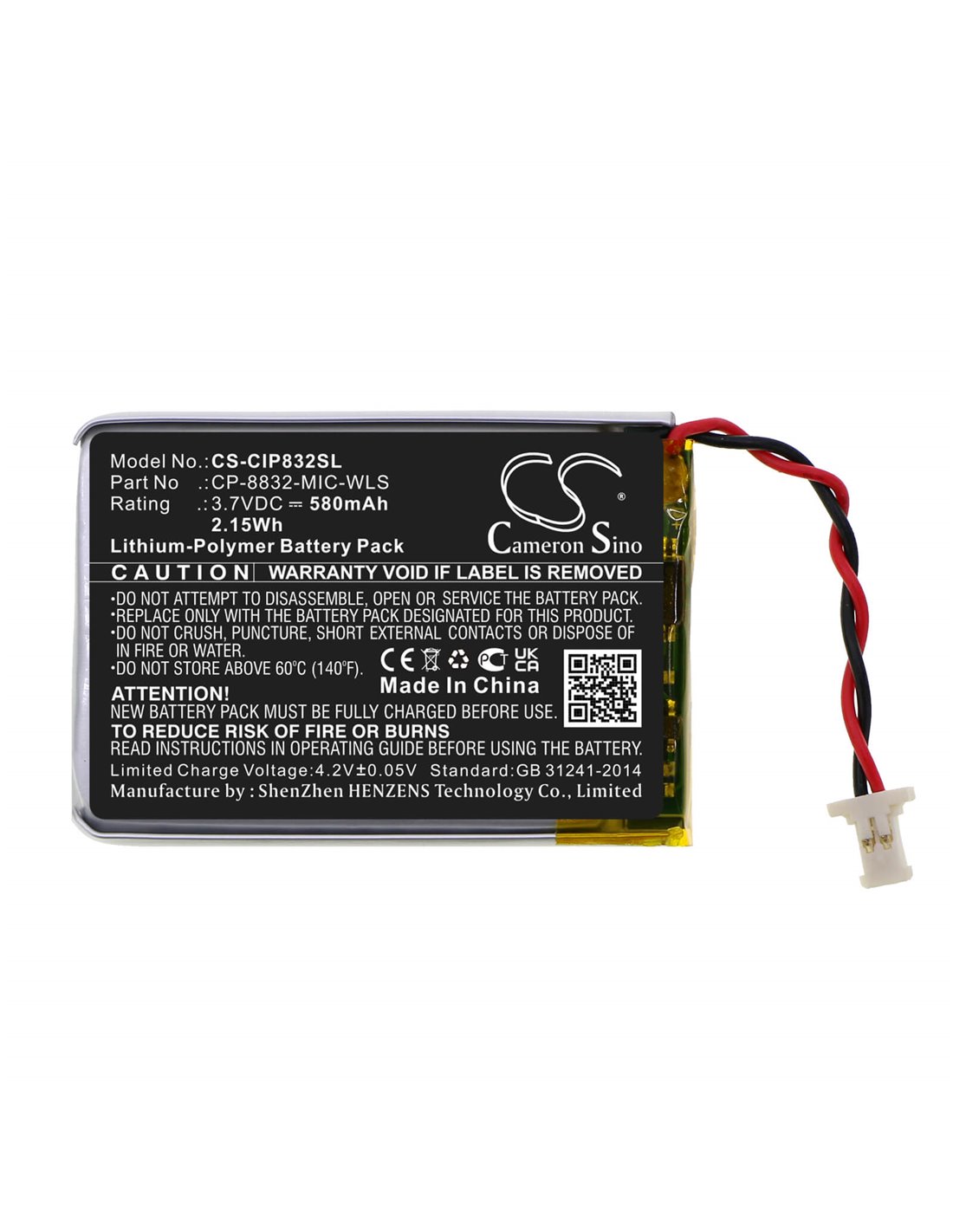 3.7V, Li-Polymer, 580mAh, Battery fits Cisco Cp-8832 Wireless Expansion Mic, 2.15Wh