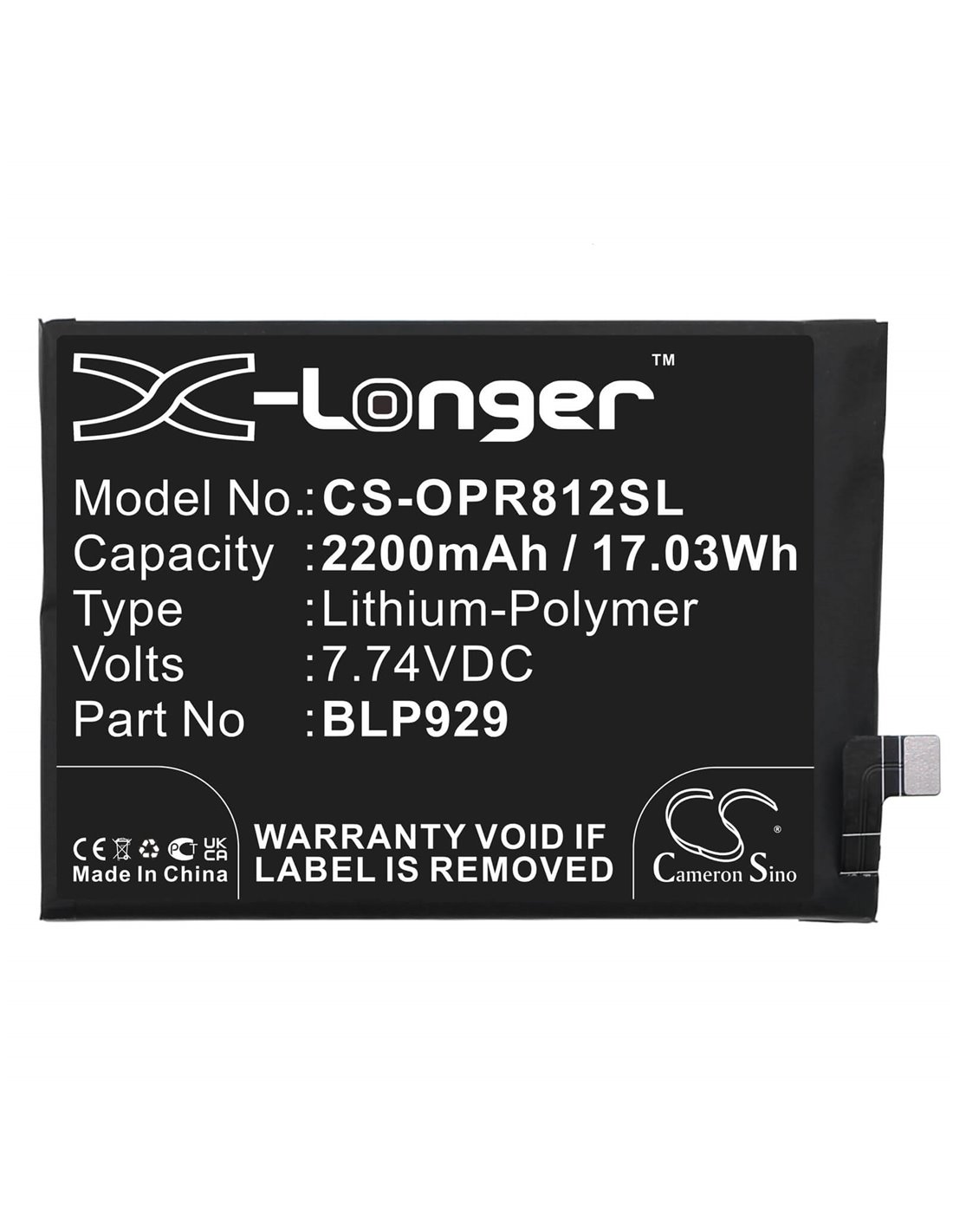 7.74V, Li-Polymer, 2200mAh, Battery fits Oppo Pfzm10, Reno8 Pro+, 17.03Wh