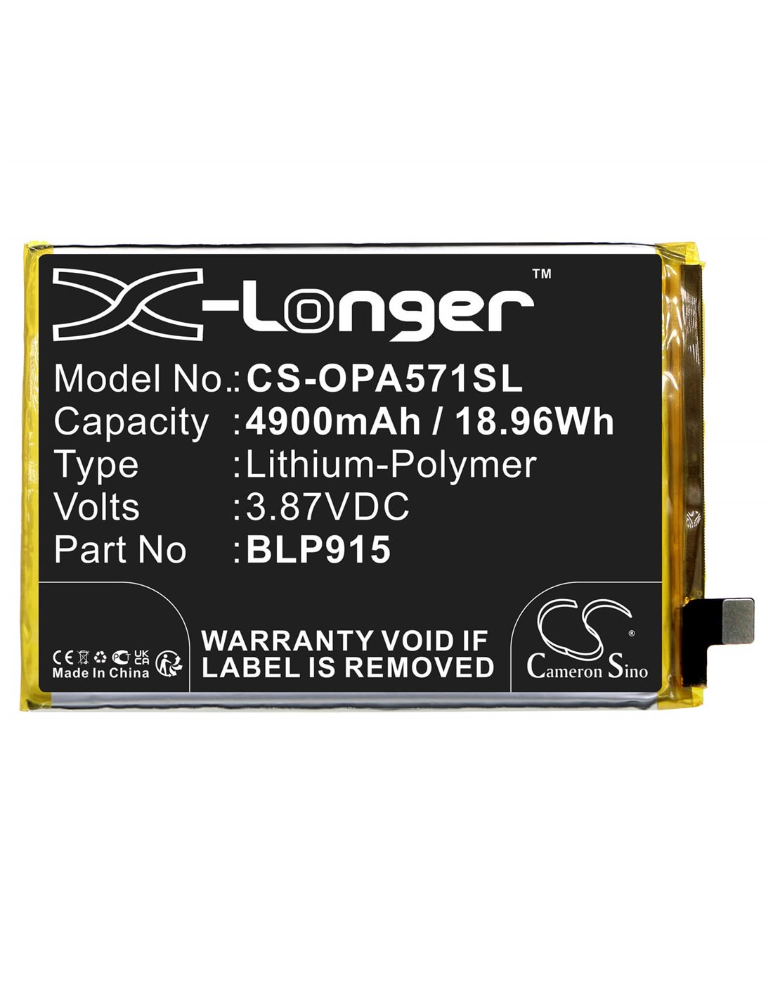 3.87V, Li-Polymer, 4900mAh, Battery fits Oppo A57 5g, A57 5g 2022, 18.96Wh