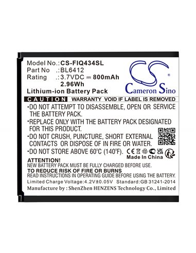 Battery for Fly Iq434, Era Nano 5 3.7V, 800mAh - 2.96Wh