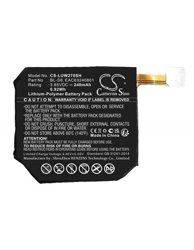 Battery for Lg, W270, Watch Urbane Edition Lte 3.85V, 240mAh - 0.92Wh