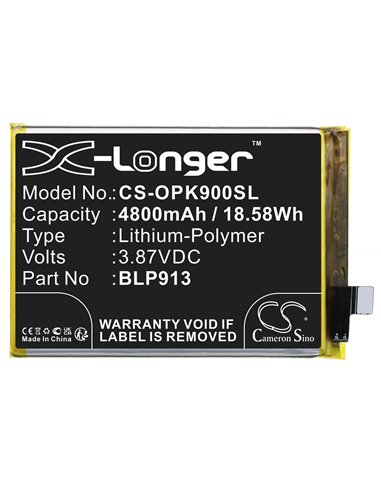 3.87V, Li-Polymer, 4800mAh, Battery fits Oppo K9x, K9x 5g 2021, Pgcm10, 18.58Wh