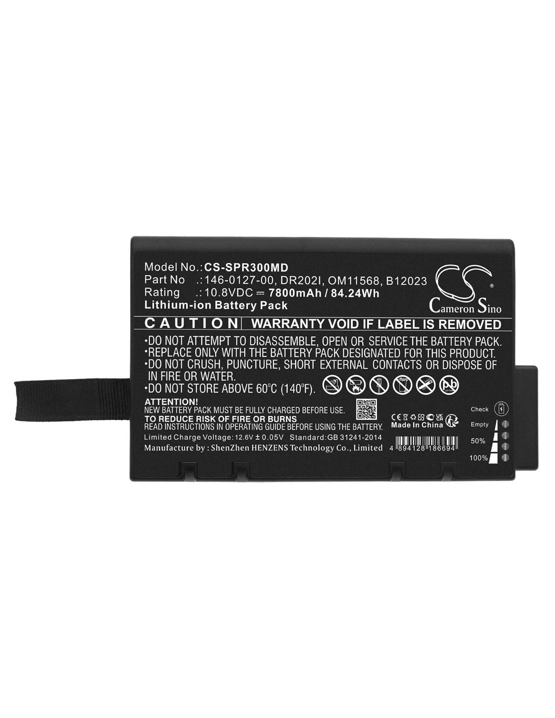 10.8V, Li-ion, 7800mAh, Battery fits Spacelabs, Mcare300, Mcare300d, 84.24Wh