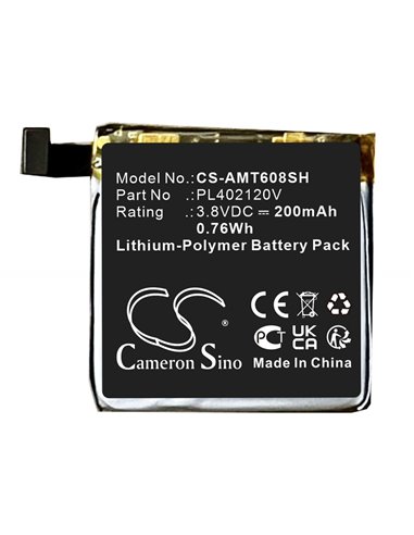 3.8V, Li-Polymer, 200mAh, Battery fits Amazfit, A1608, Bip, 0.76Wh