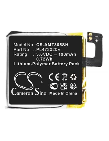 3.8V, Li-Polymer, 190mAh, Battery fits Amazfit, A1805, 0.72Wh