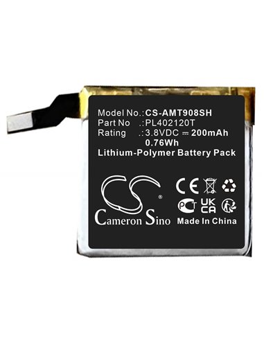 3.8V, Li-Polymer, 200mAh, Battery fits Amazfit, A1908, Ares, 0.76Wh