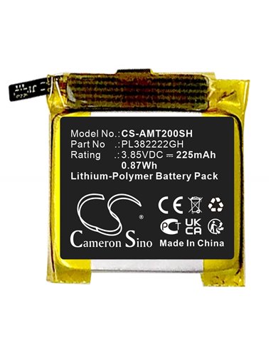 3.85V, Li-Polymer, 225mAh, Battery fits Amazfit, A2009, A2017, 0.87Wh