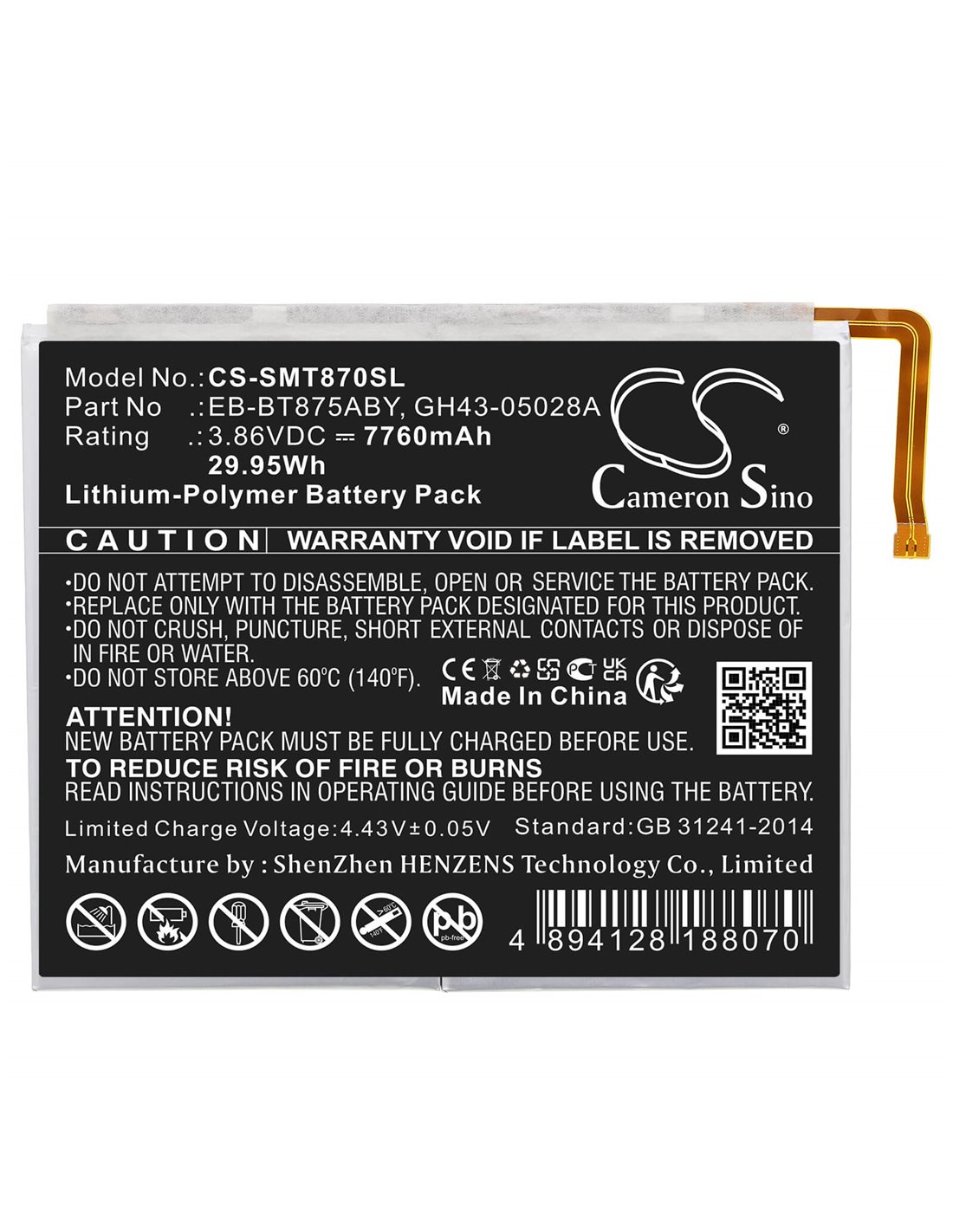 3.86V, Li-Polymer, 7760mAh, Battery fits Samsung, Galaxy Tab S7 11.0, Galaxy Tab S7 5g Uw 11.0, 29.95Wh