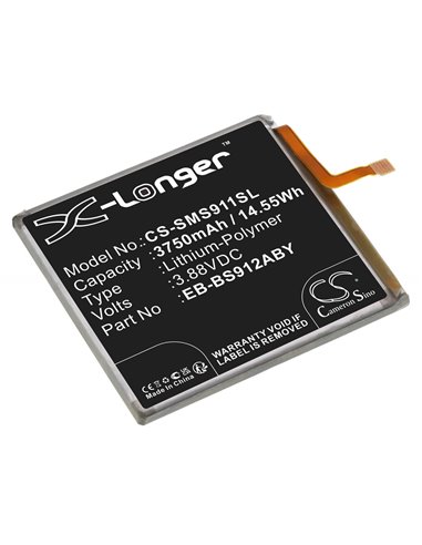 3.88V, Li-Polymer, 3750mAh, Battery fits Samsung, Galaxy S23, Galaxy S23 5g, 14.55Wh