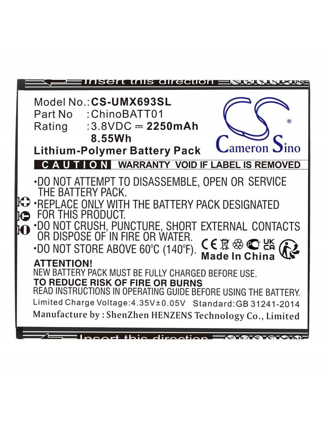 3.8V, Li-Polymer, 2250mAh, Battery fits Umx, U683cl, U693cl, 8.55Wh