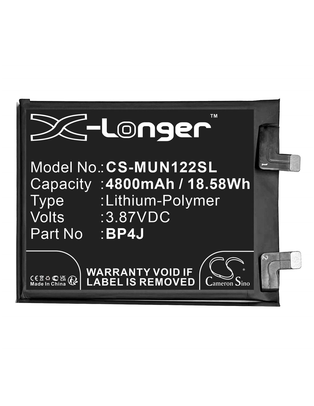 3.87V, Li-Polymer, 4800mAh, Battery fits Redmi, 22101316ucp, 22101316up, 18.58Wh