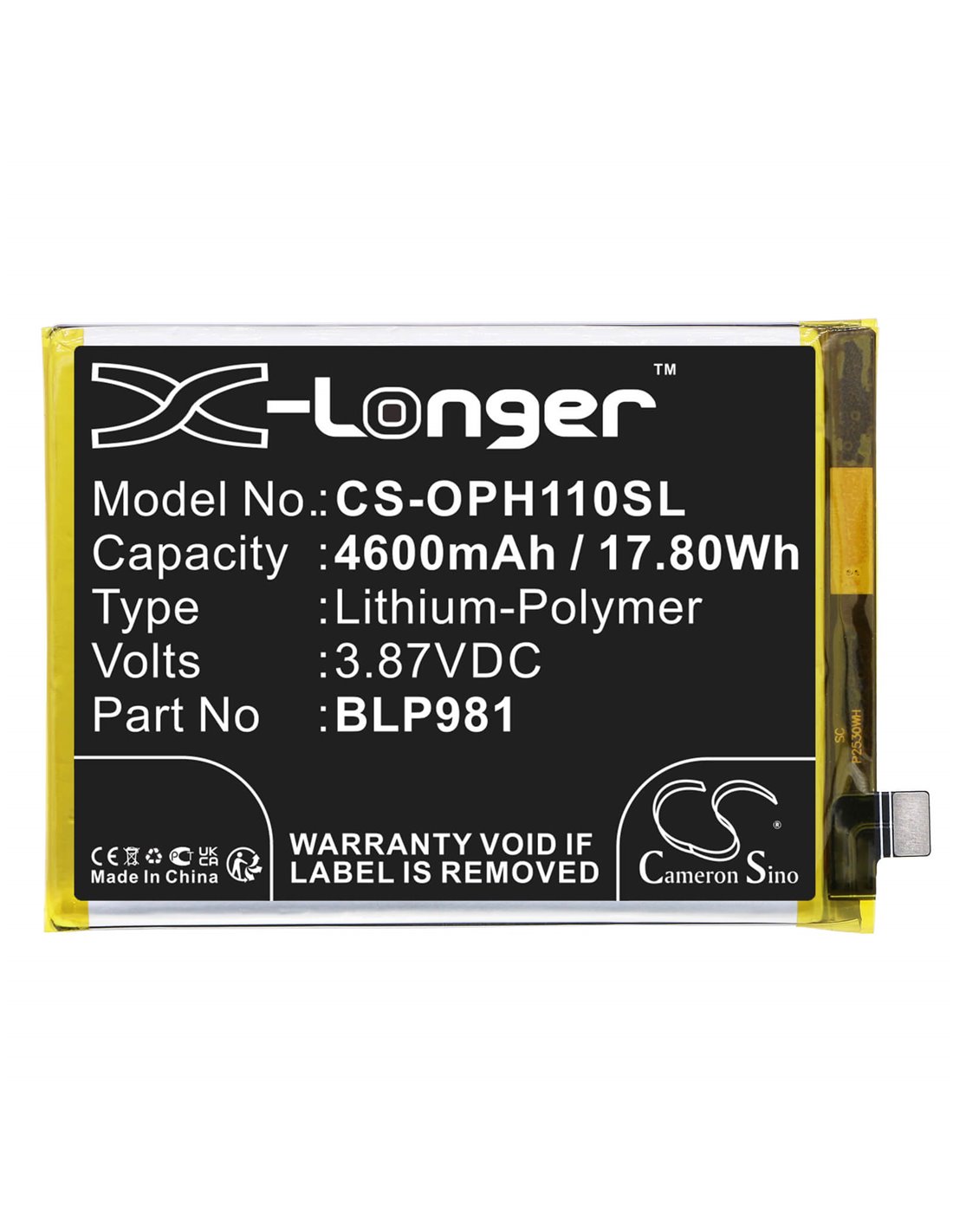3.87V, Li-Polymer, 4600mAh , Battery fits Oppo A1 Pro, Phq110, 17.80Wh