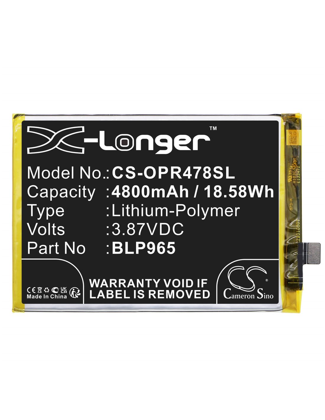 3.87V, Li-Polymer, 4800mAh , Battery fits Oppo K10x 5g, Pggm10, 18.58Wh