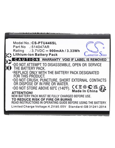3.7V, Li-ion, 900mAh , Battery fits Panasonic Kx-tu446, Kx-tu446/4, Kx-tu456, 3.33Wh