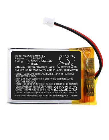 3.7V, Li-Polymer, 320mAh, Battery fits Custom Battery Packs, 1icp4/25/37, 1.18Wh