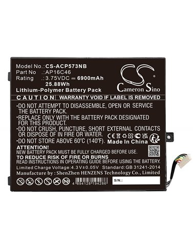3.75V, Li-Polymer, 6900mAh, Battery fits Acer, Aspire E5-573, Interruptor Sw5-017-17bu, 25.88Wh