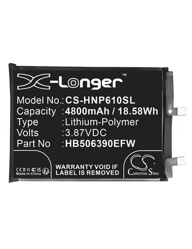 3.87V, Li-Polymer, 4800mAh, Battery fits Honor, 60 Pro 5g, Tna-an00, 18.58Wh