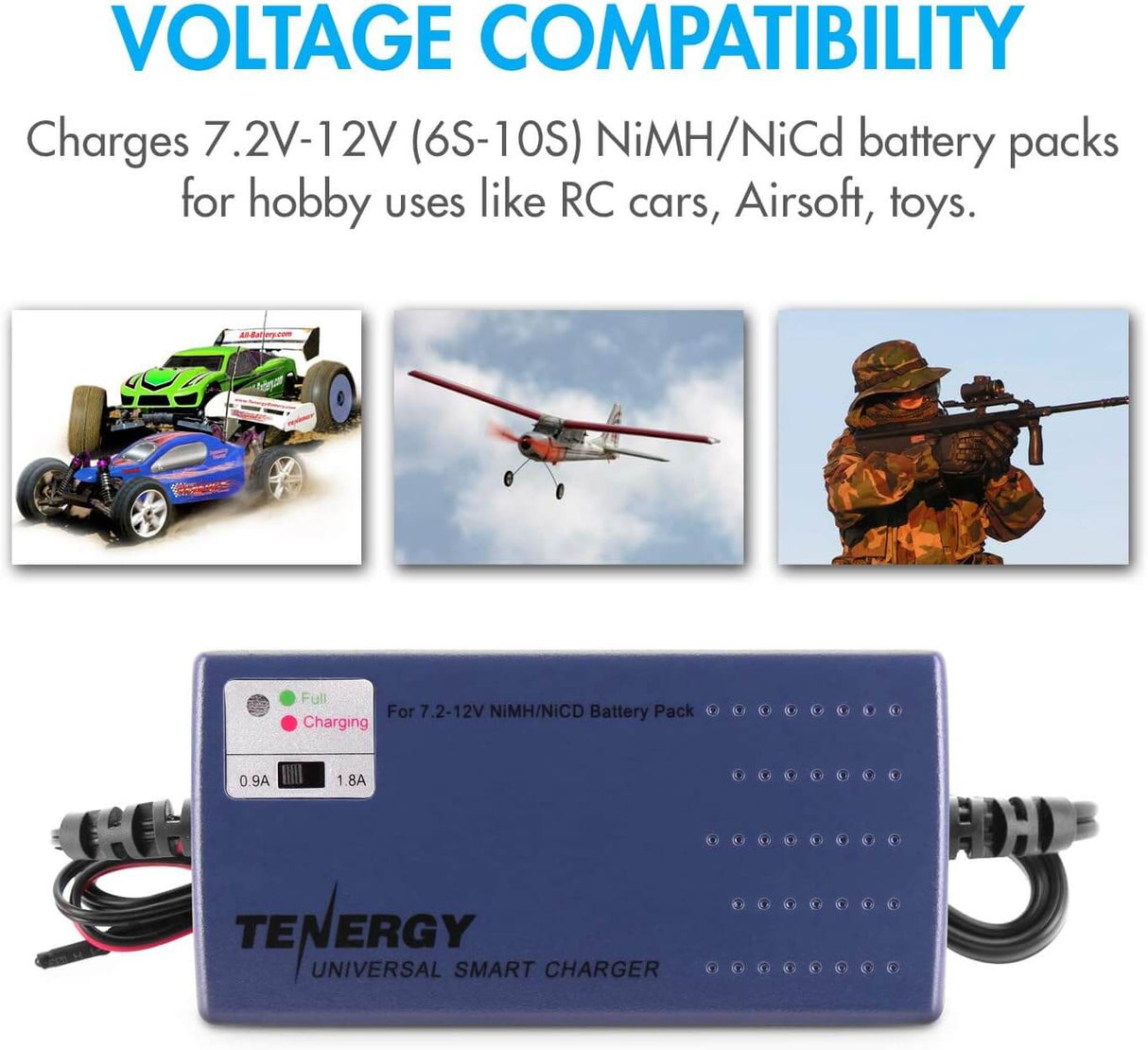 Tenergy Smart Battery Charger for NiMH/NiCd 7.2V-12V 6S-10S Battery Packs Charger/Adapter Tenergy