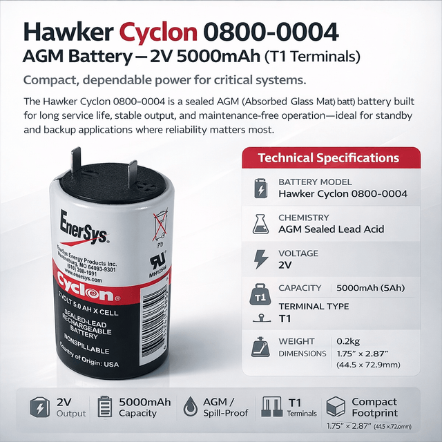 Hawker Cyclon Battery Fit's 0800-0004, 2v 5ah Sealed Lead Acid Hawker Cyclon