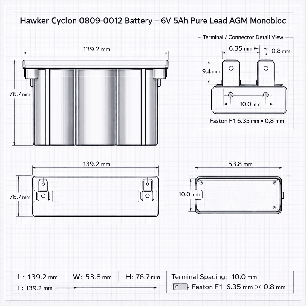 Hawker Cyclon Battery Fit's 0809-0012, 6v 5ah Sealed Lead Acid Hawker Cyclon