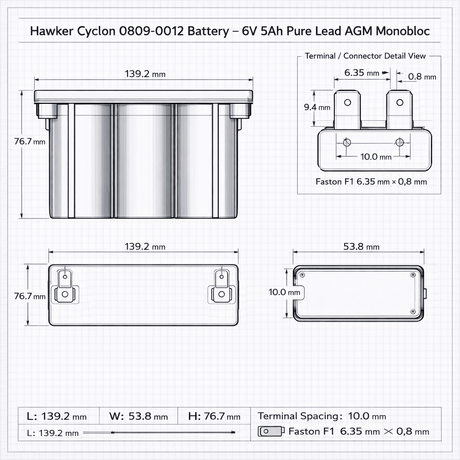Hawker Cyclon Battery Fit's 0809-0012, 6v 5ah Sealed Lead Acid Hawker Cyclon