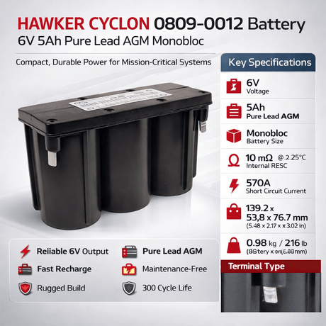 Hawker Cyclon Battery Fit's 0809-0012, 6v 5ah Sealed Lead Acid Hawker Cyclon